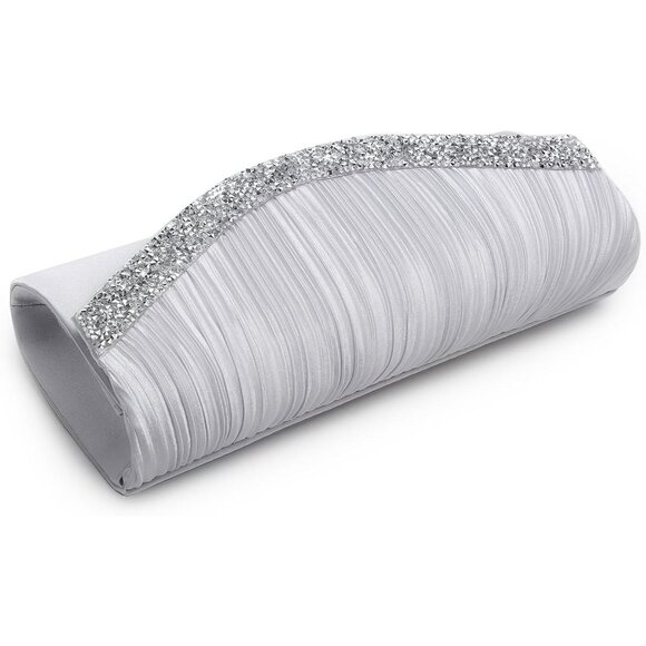 Women's Formal Satin Rhinestones Wedding Party Prom Dressy Clutches Silver Bag - Picture 3 of 6